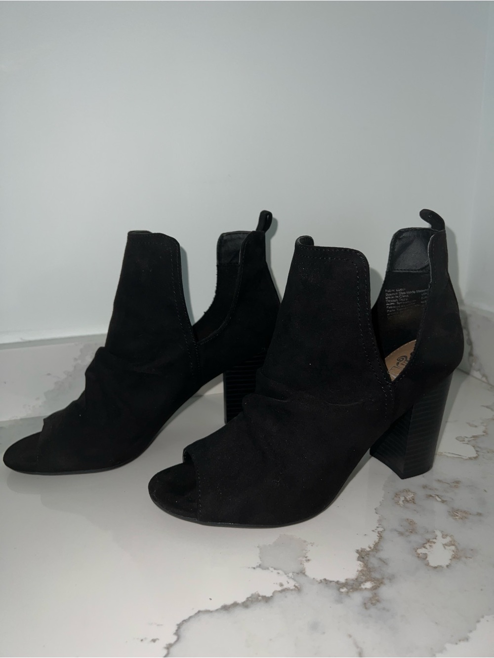 Women's Black Suede Open-Toe Block Heel Booties size 9
